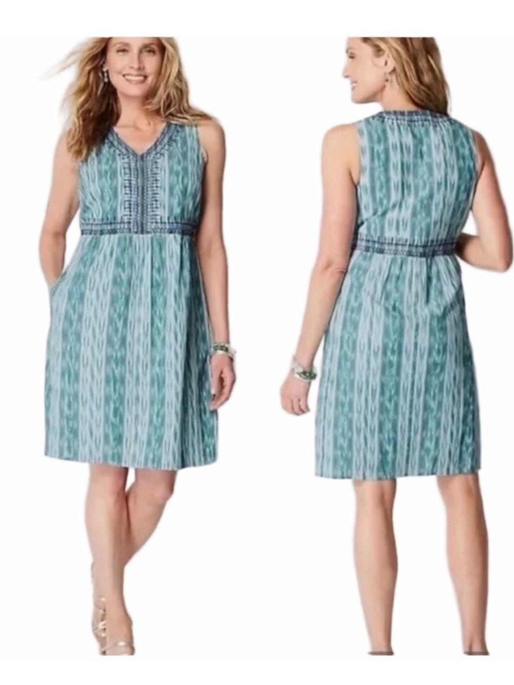 J.Jill Embroidered Ikat Dress small green boho bohemian lightweight